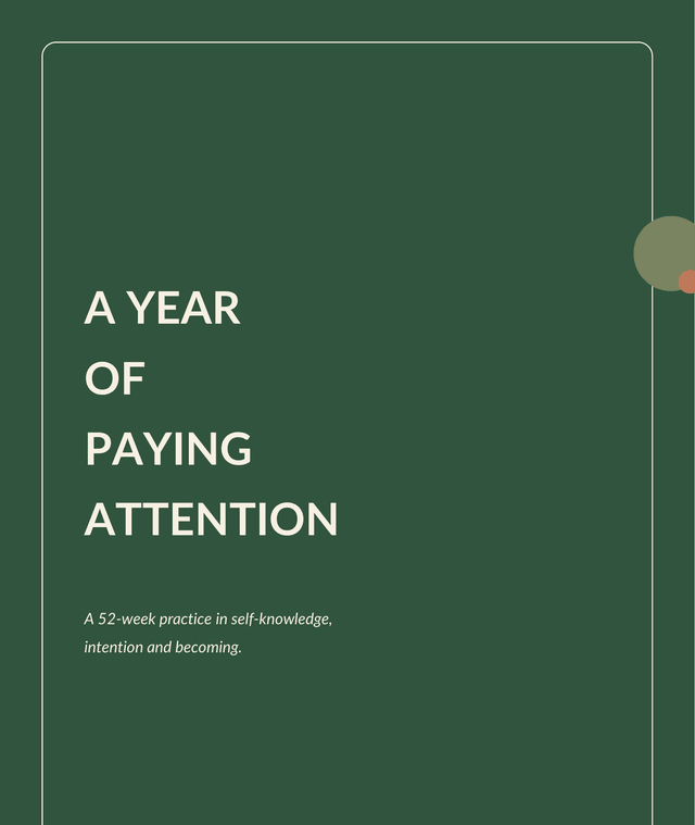 Cover of A Year of Paying Attention: cream type on deep green, with an olive circle.