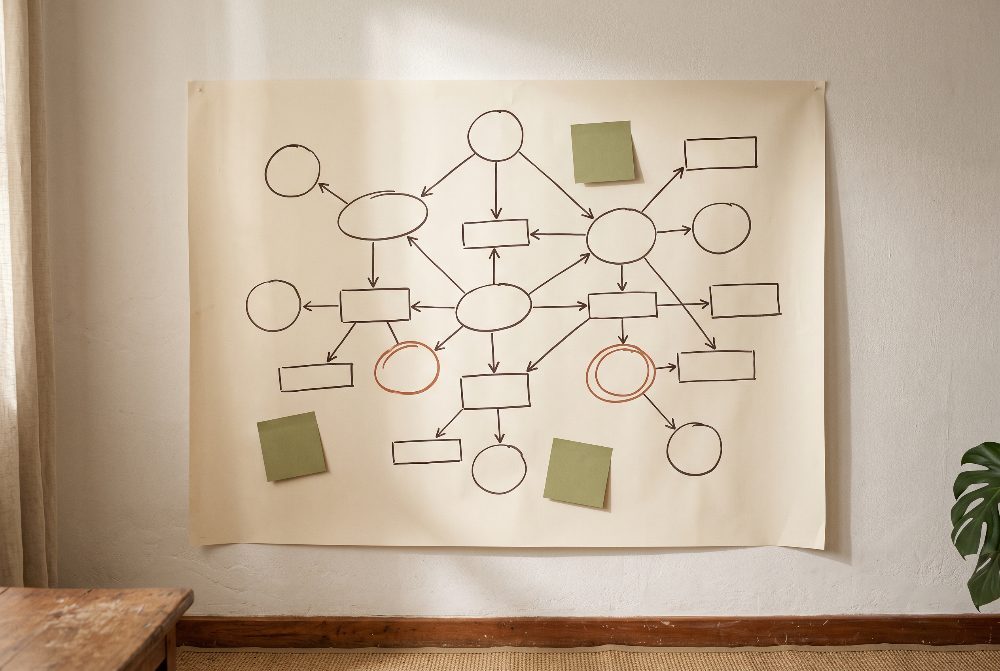A hand-drawn strategy map pinned to a studio wall.